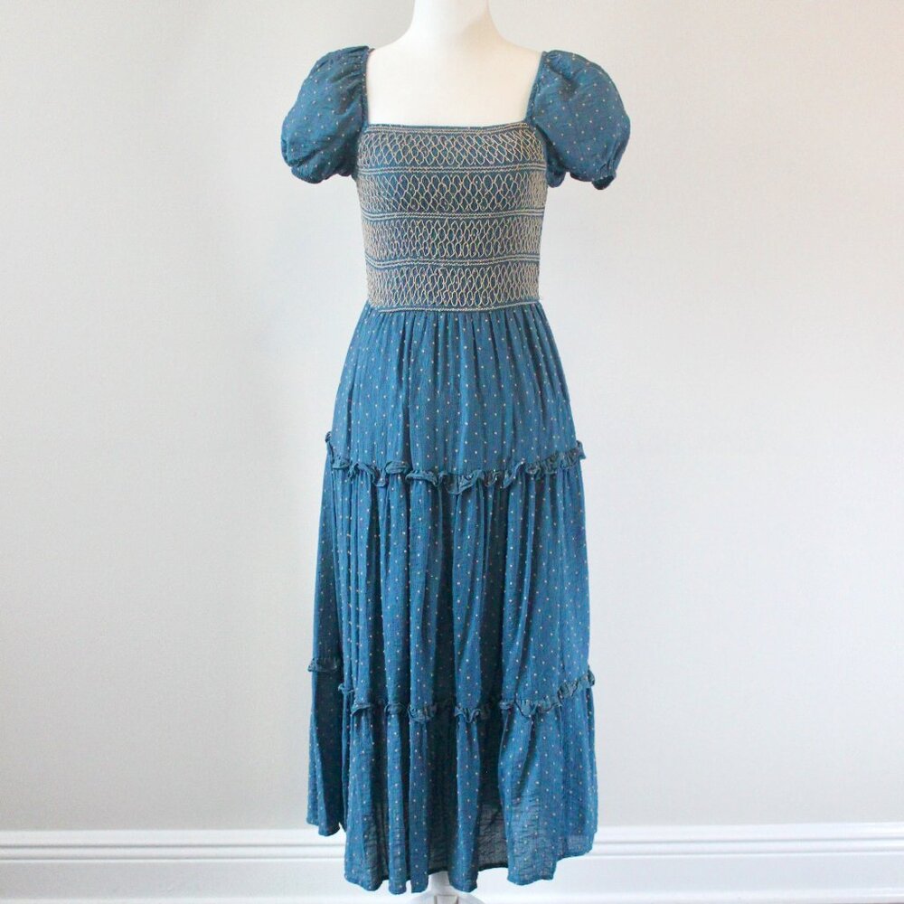 Moon River Teal Tan Smocked Square Neck Puff Sleeve Flowy Boho Midi Dress Small